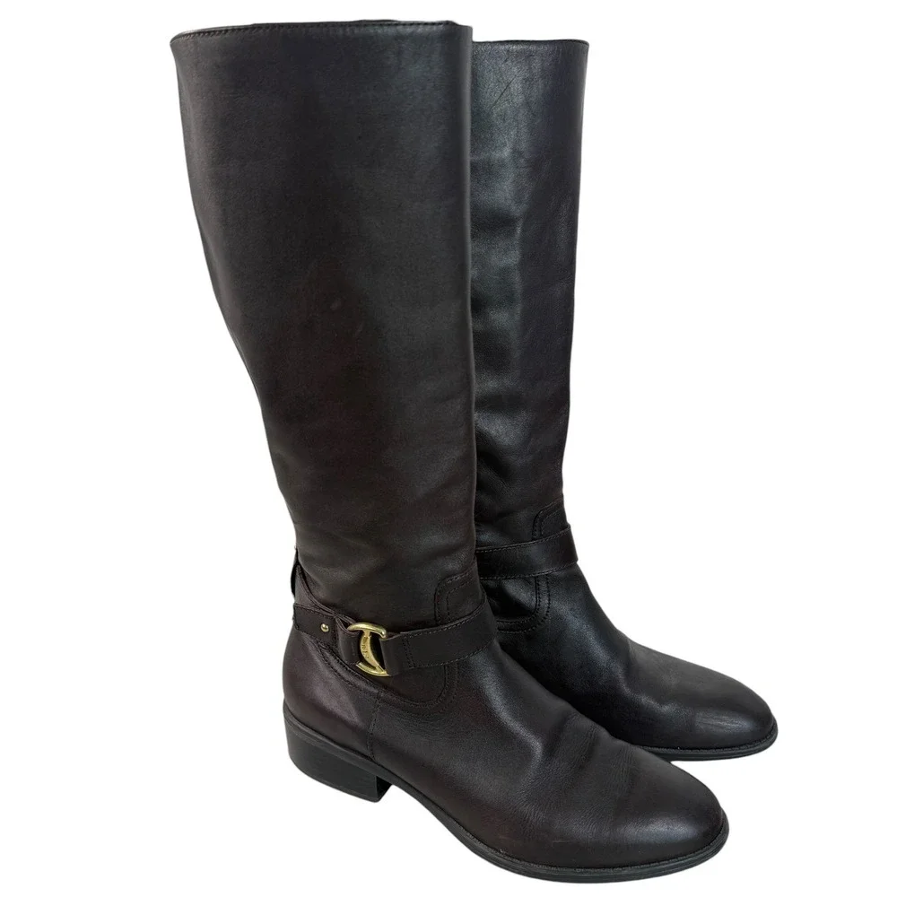 Lauren Ralph Lauren Womens Micah Dark Brown Leather Riding Boots Gold Buckle 9.5